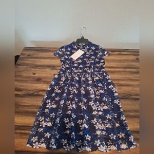 Blush By Us Angels Flower Print Lace Dress Girl's 10 Navy Mock Neck Short Sleeve